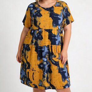 No Brand Women's Blue /Orange Short Sleeve Tiered Flowy Mini Dress Plus Size 5XL